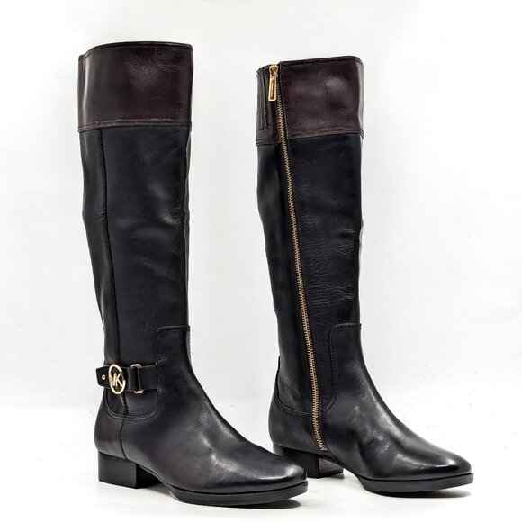 Michael Kors Women Harland Black Leather Logo Bi Tone Riding Tall Boots 6M - Picture 1 of 11